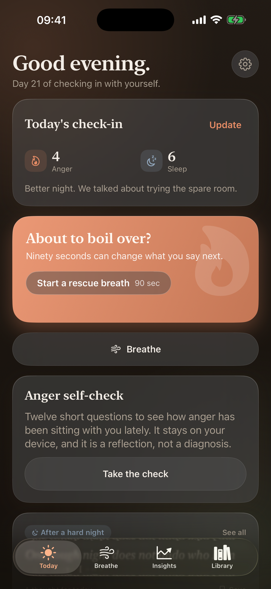Simply Calm daily check-in, running entirely on-device